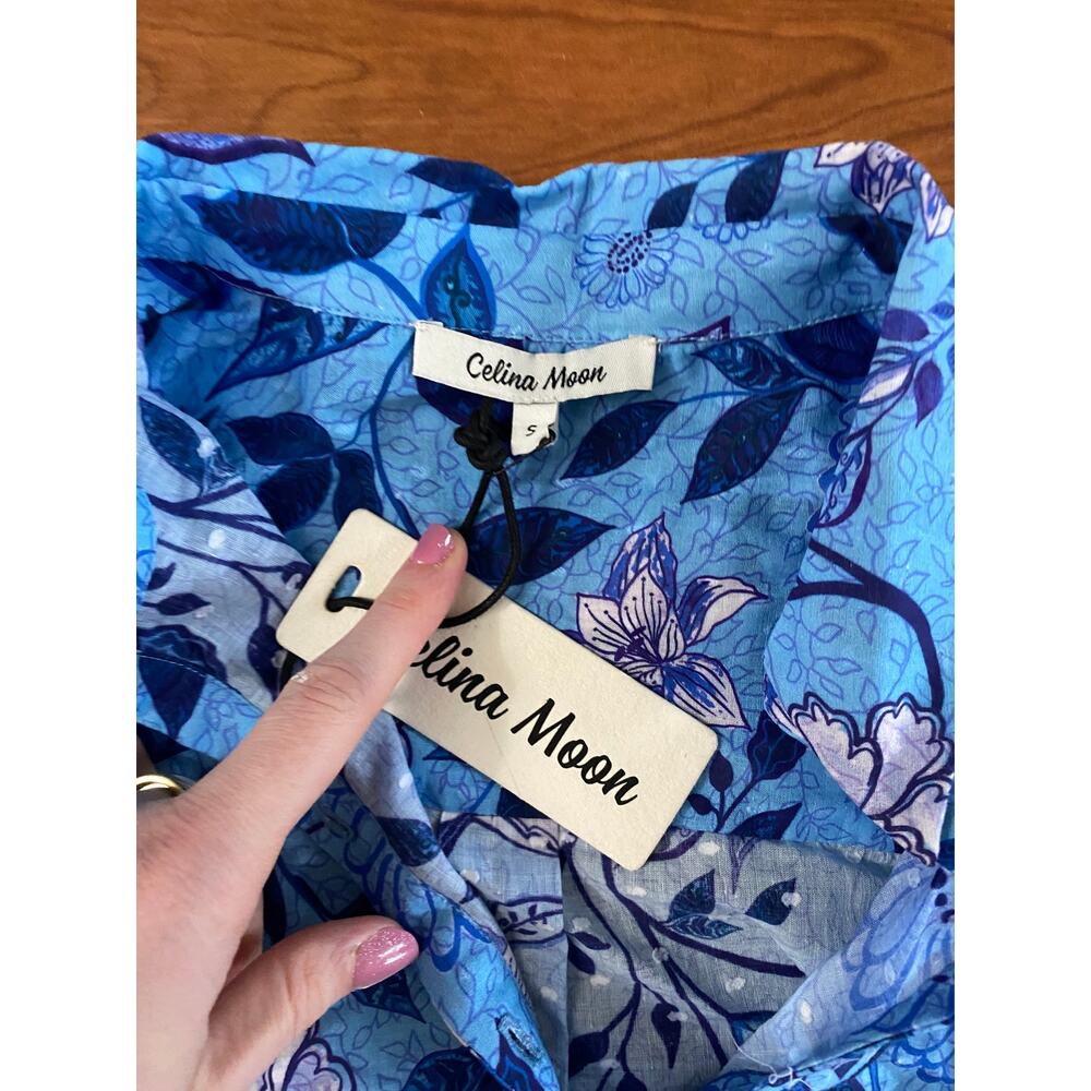 NWT Celina Moon, Blue Symphony, Puff Sleeve Button Up, Sz S (oversized), 184$ - Picture 5 of 9